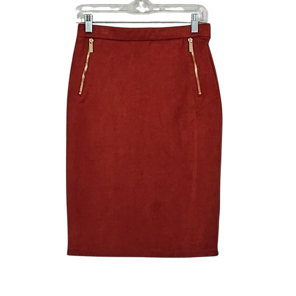 Olivia Blu Faux Suede Pencil Skirt Sz S Zip Pockets EUC Rust Brown